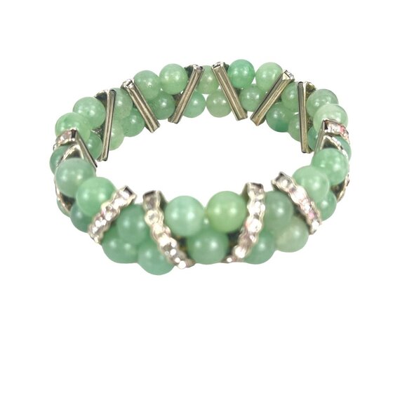 Green Jade Beaded Bracelet With Rhinestone Accents Stretch Fit - Picture 7 of 7
